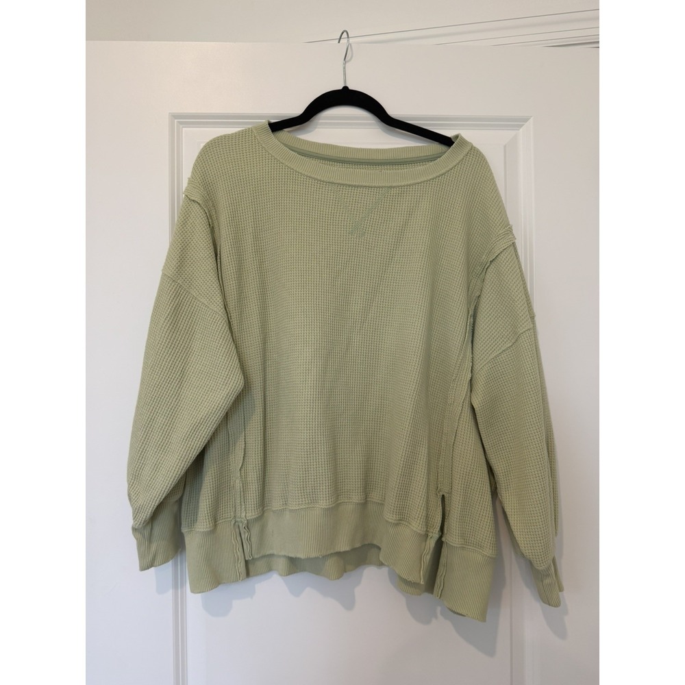 American Eagle Waffle Knit Crewneck Sweatshirt Green XS Distressed Pullover